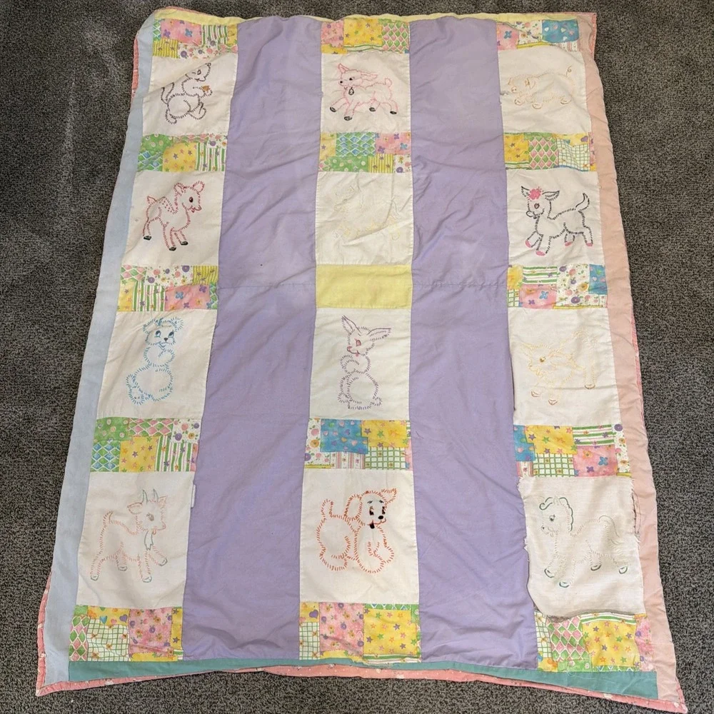 Vintage Handmade Embroidered‎ Baby Quilt